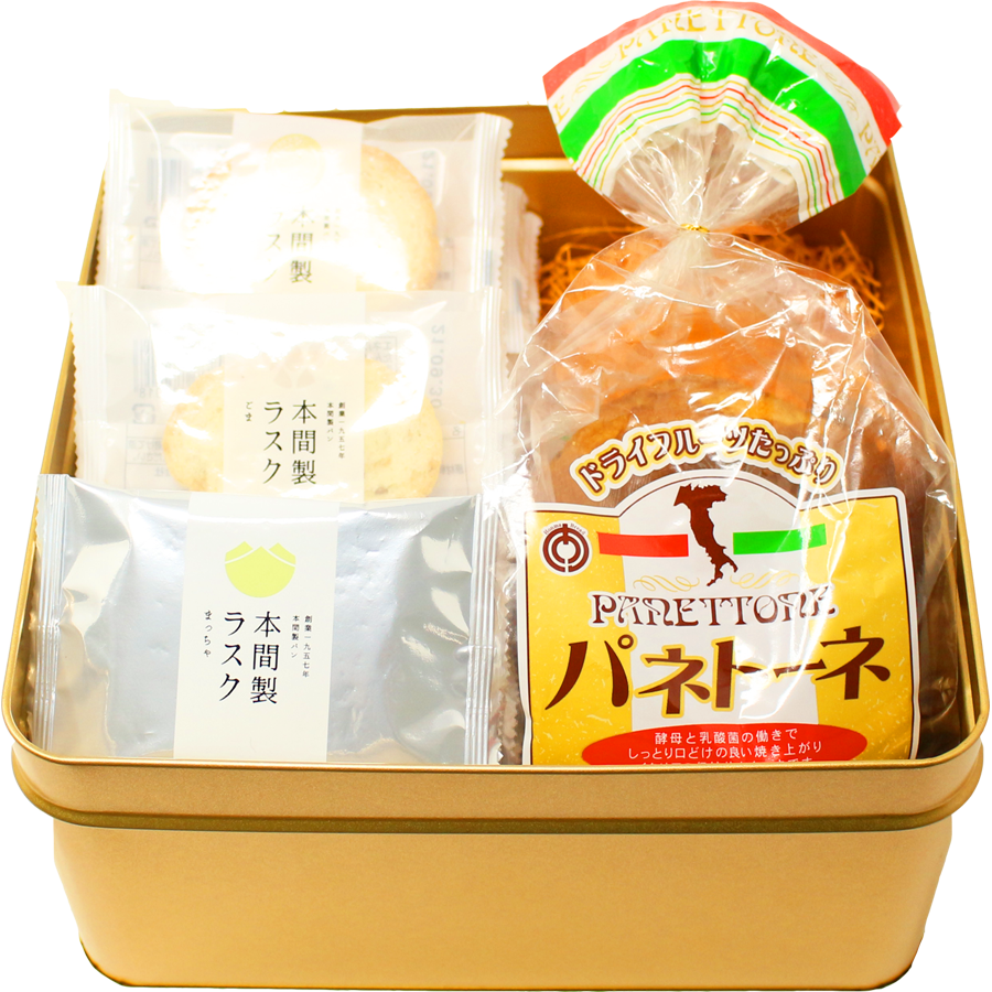 送料無料　パネトーネと本間製ラスク詰合せセット　缶